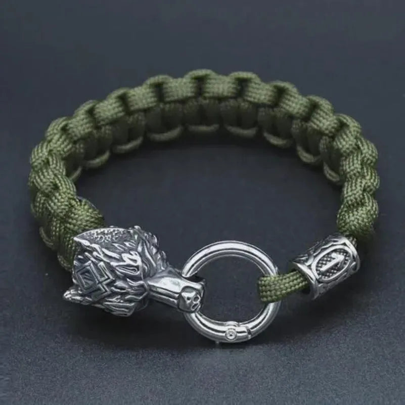 Wolf head stainless steel bracelet with Luen character design in camouflage colour on wrist