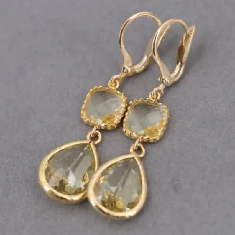 Gold geometric long fringe earrings with crystal droplets on electroplated copper