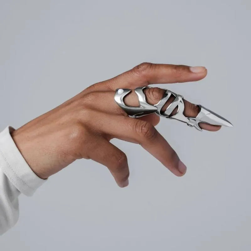Silver metal alloy finger stall ring for punk armour and gothic fashion accessory