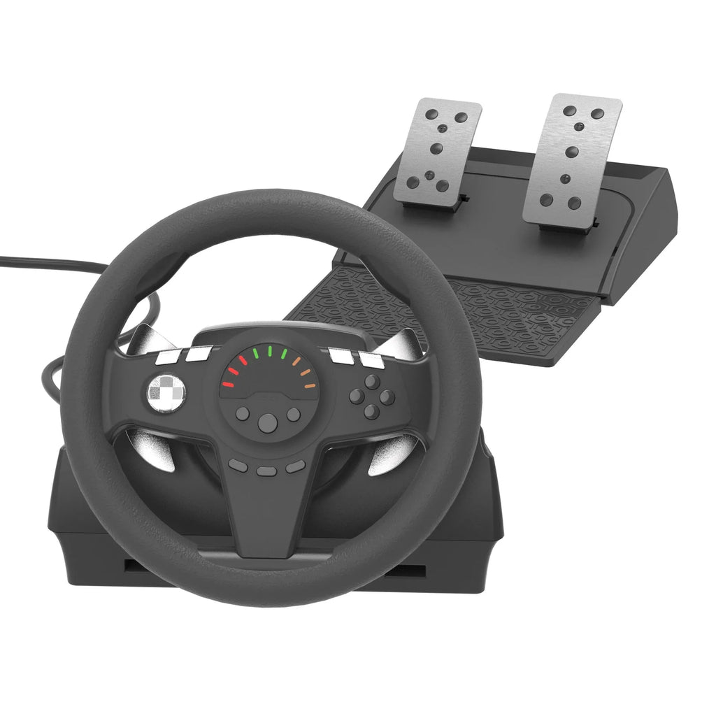 Black multi-platform steering wheel game controller with two pedals and vibration feedback for racing simulation