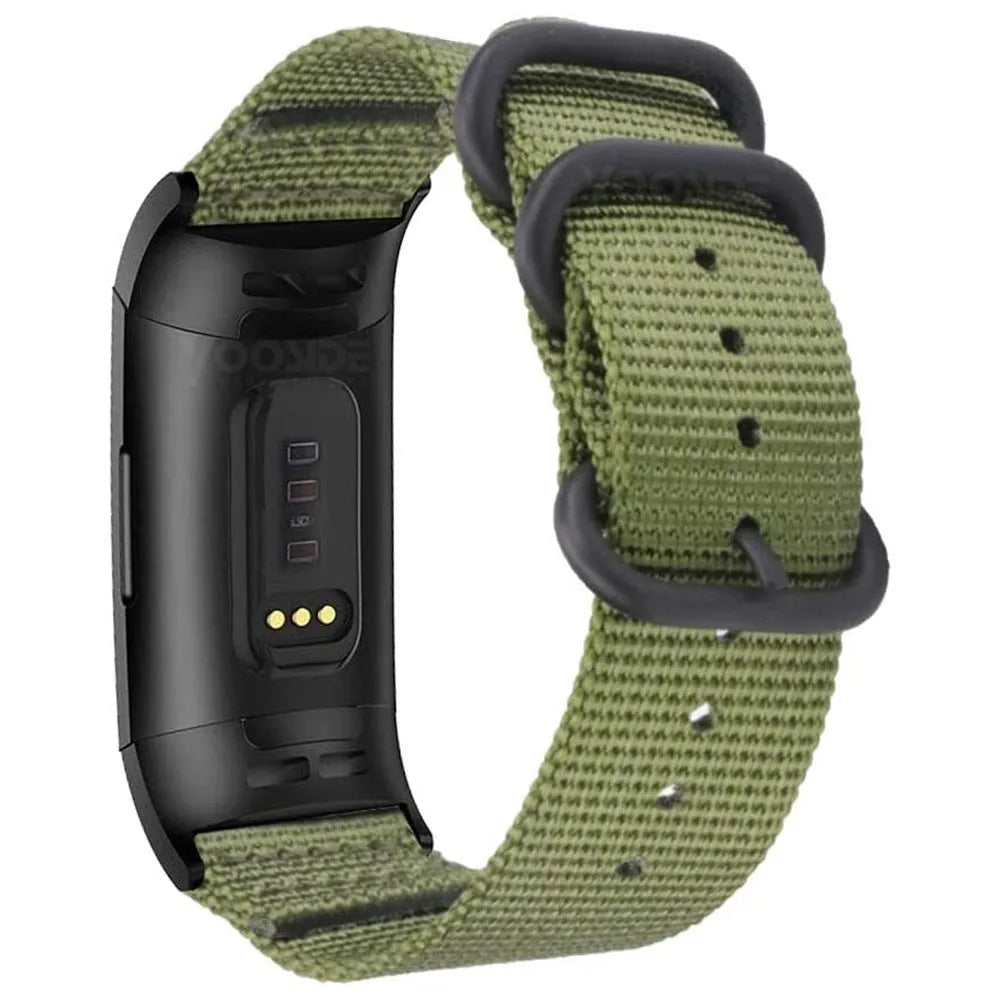 Nylon three-ring buckle replacement strap for Fitbit Charge fitness trackers in army green colour.