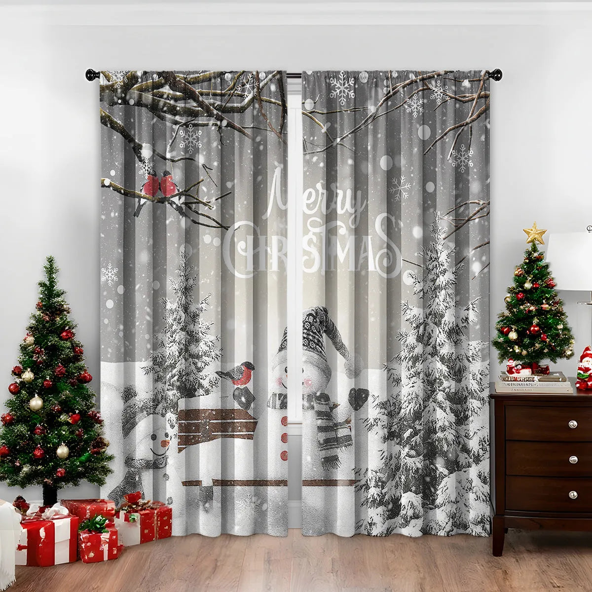 3D digital printed Christmas pattern on polyester curtain hanging in a window