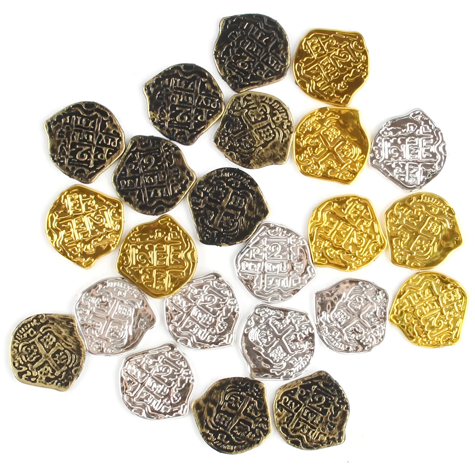 Doli set of 100 electroplated plastic Roman coin replicas in gold, silver, and bronze finishes for costumes and props