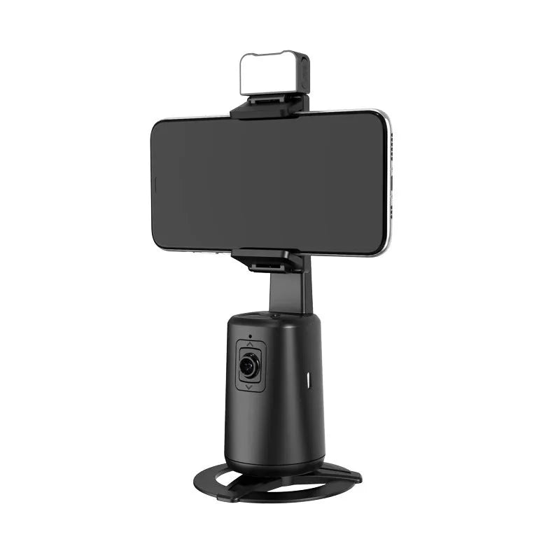 Black smartphone desktop bracket with face tracking camera rotation and ribbon lights