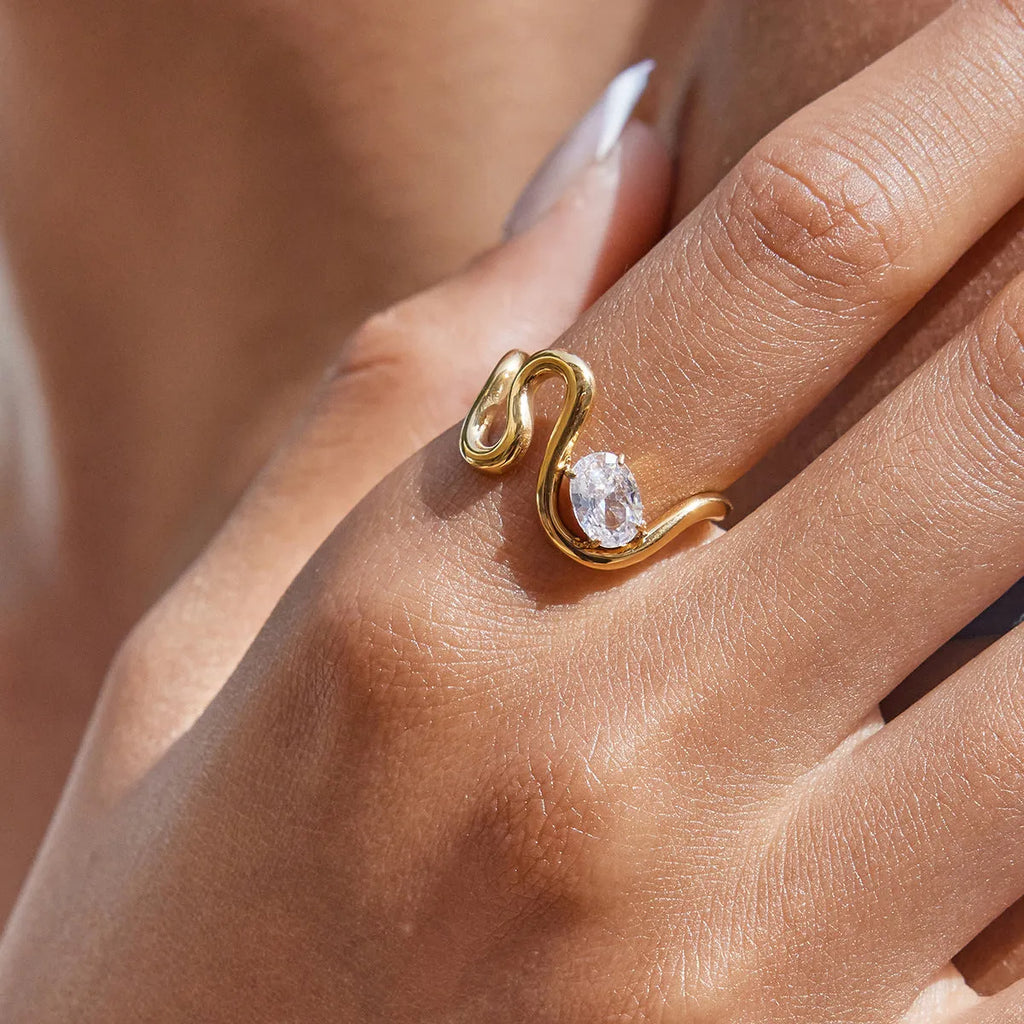 Geometric titanium steel zircon ring in a European and American style design.