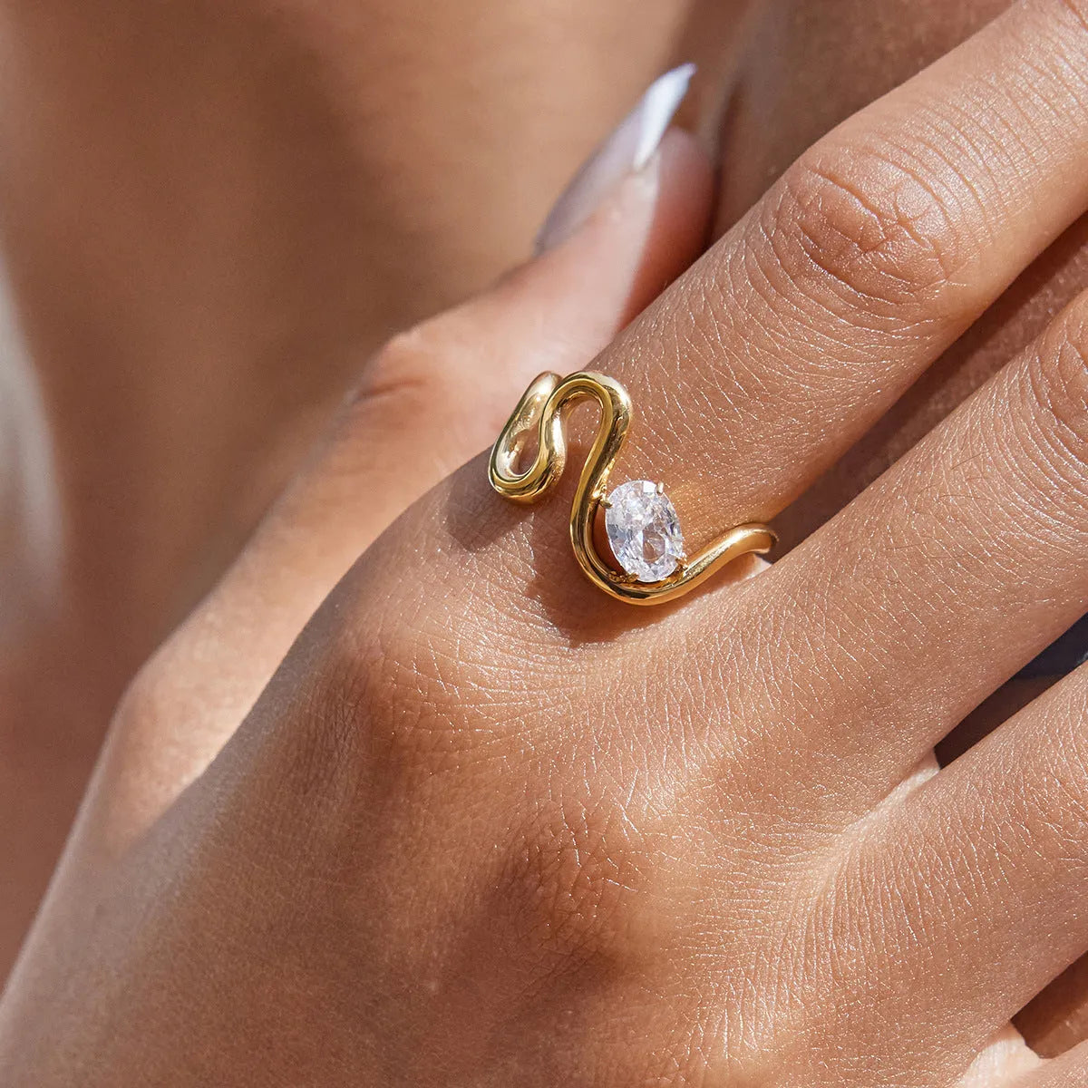 Geometric titanium steel zircon ring in a European and American style design.