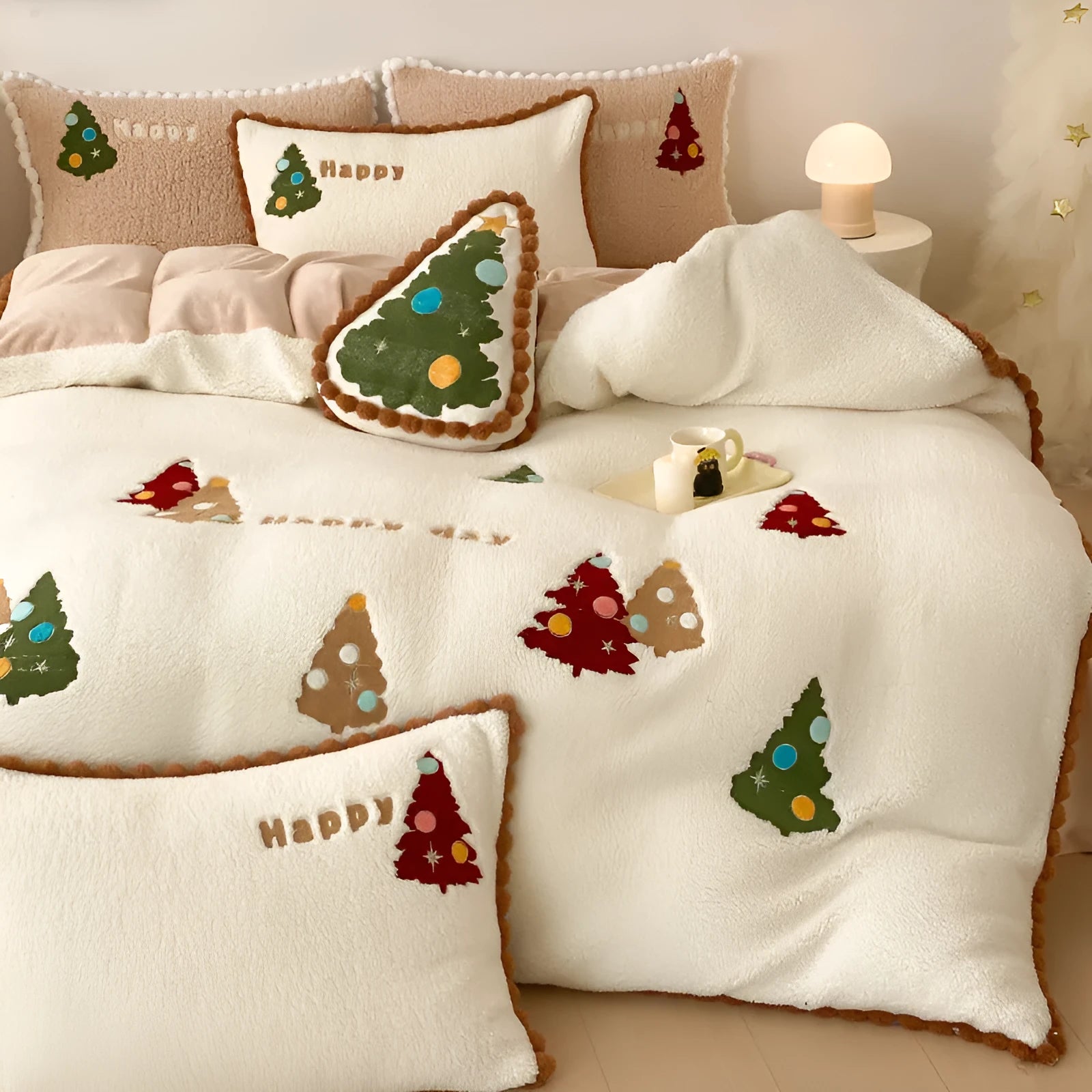 Bright yellow winter Christmas cartoon animation print on a fleece-lined four-piece bedding set