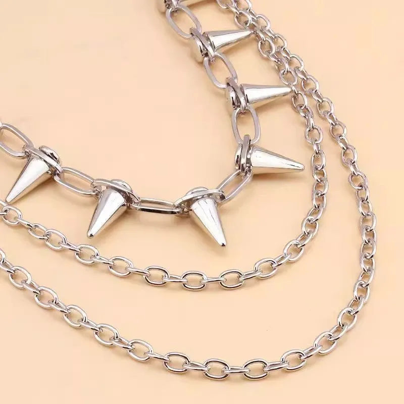 Silver double layer punk trousers chain with rivet detailing, 115cm length