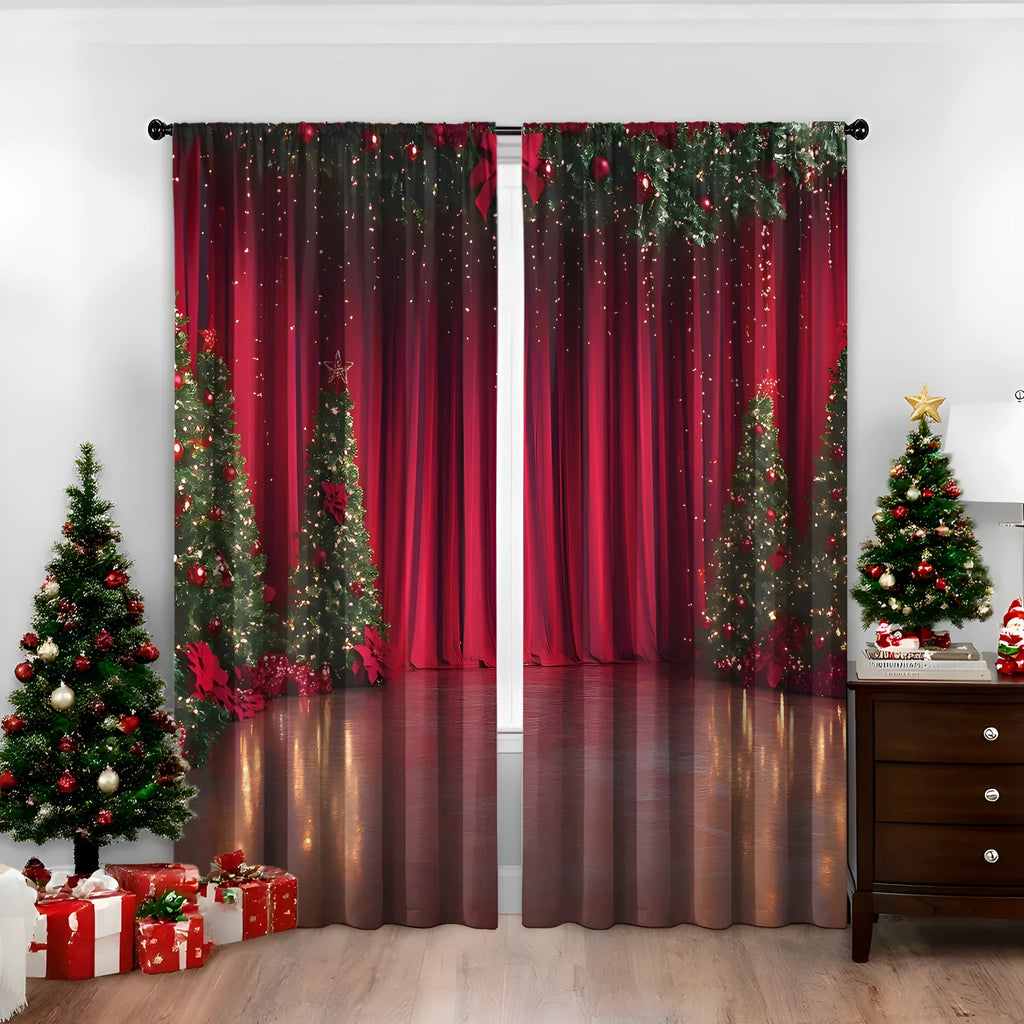 Pair of red and green Christmas themed curtains with 3D digital printed pattern hanging in a window.