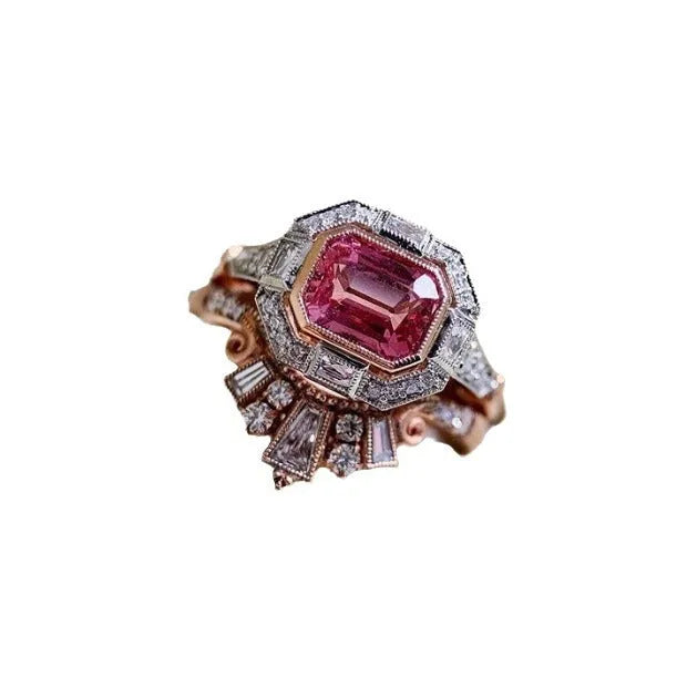 Women's retro style fashion ring with ruby design in rose gold alloy with geometric shape
