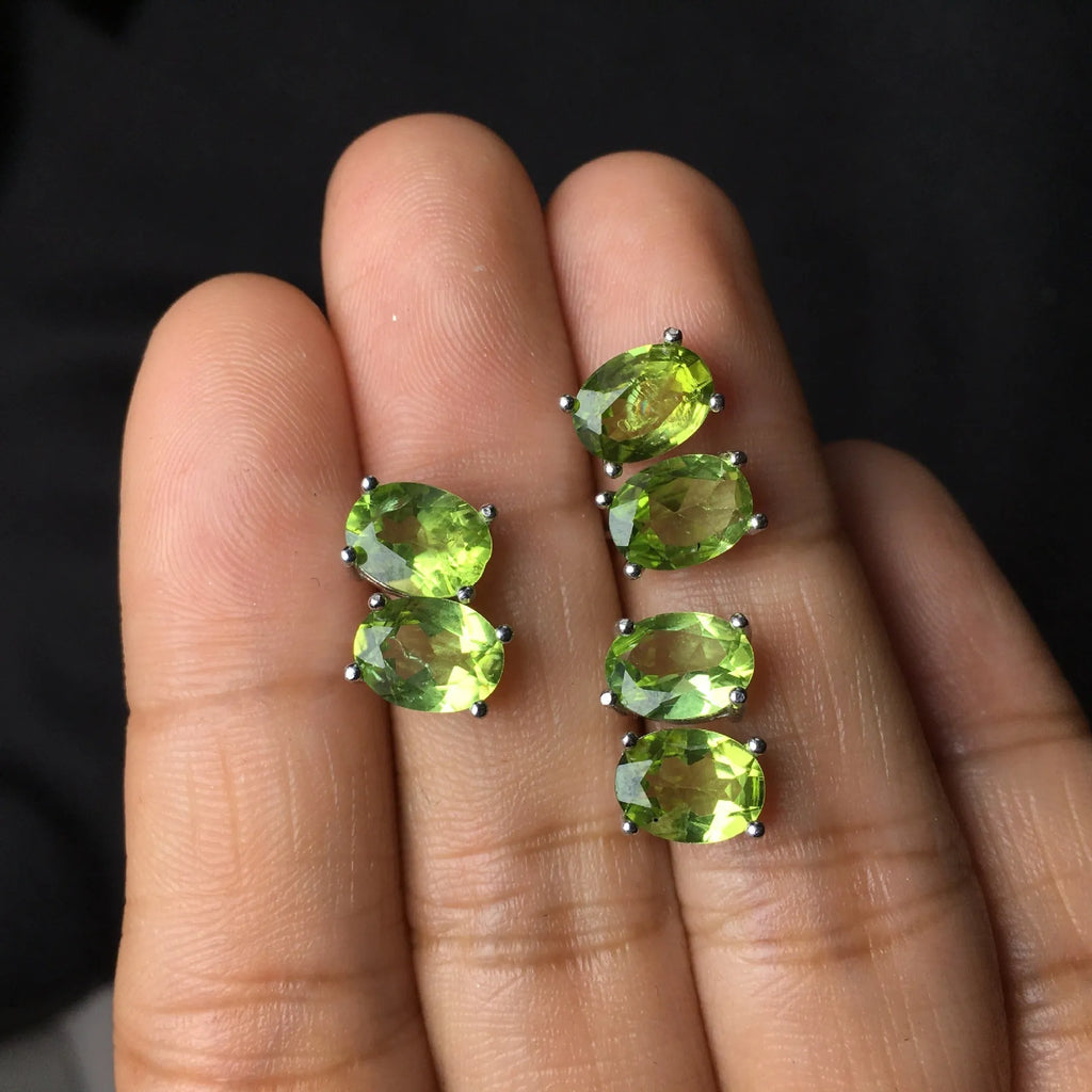 Natural olivine stud earrings with 6x8mm grass green faceted gemstone in S925 sterling silver