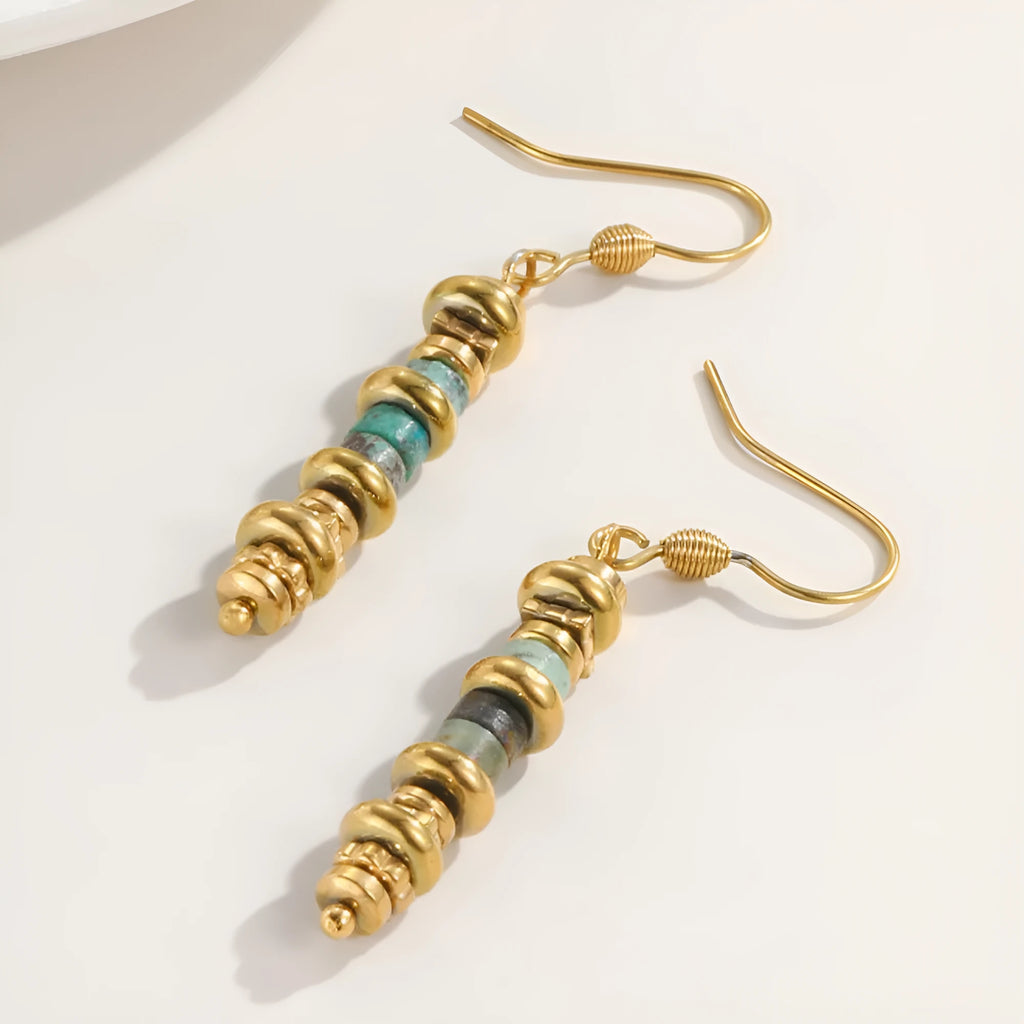 Geometric titanium steel dangle earrings with 18K gold plating, shown in SE22101520 colour.