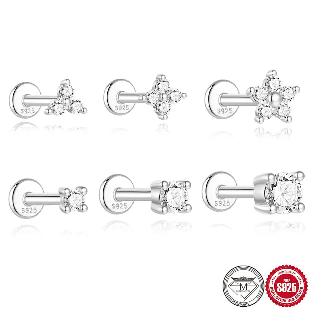 Platinum plated sterling silver geometric petal diamond stud earrings with clip-on fitting in multiple designs