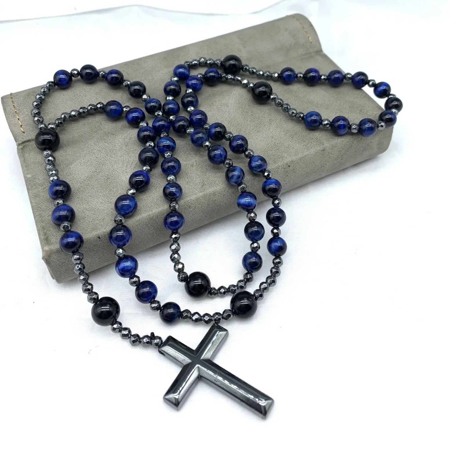 Men's stone cross pendant necklace on an 80cm ball bead chain with safety lock