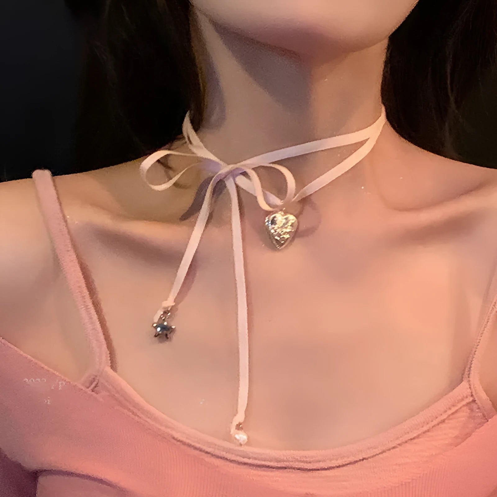 Women's electroplated alloy necklace with ribbon and love pendant on clavicle chain