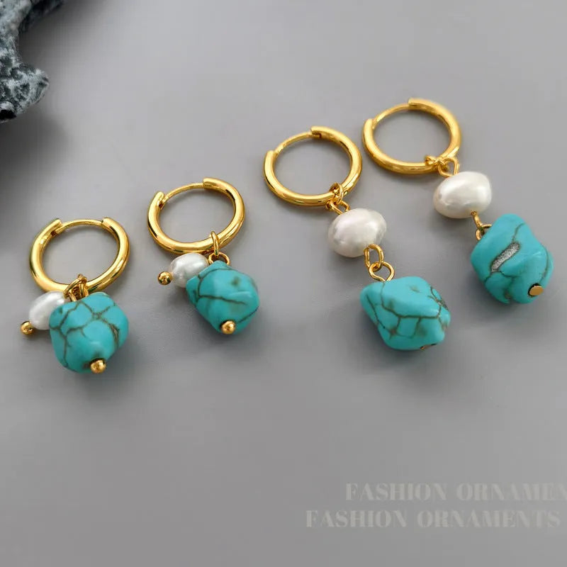 Geometric turquoise and cultured pearl ear clip set with irregular design in short and dangle styles