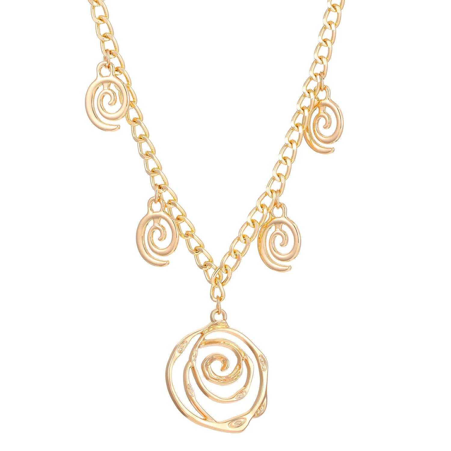 Spiral donut jewellery set showing necklace, bracelet and earrings in gold tone geometric circle design