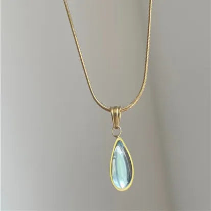 Retro blue and green water drop necklace with titanium steel snake bone chain