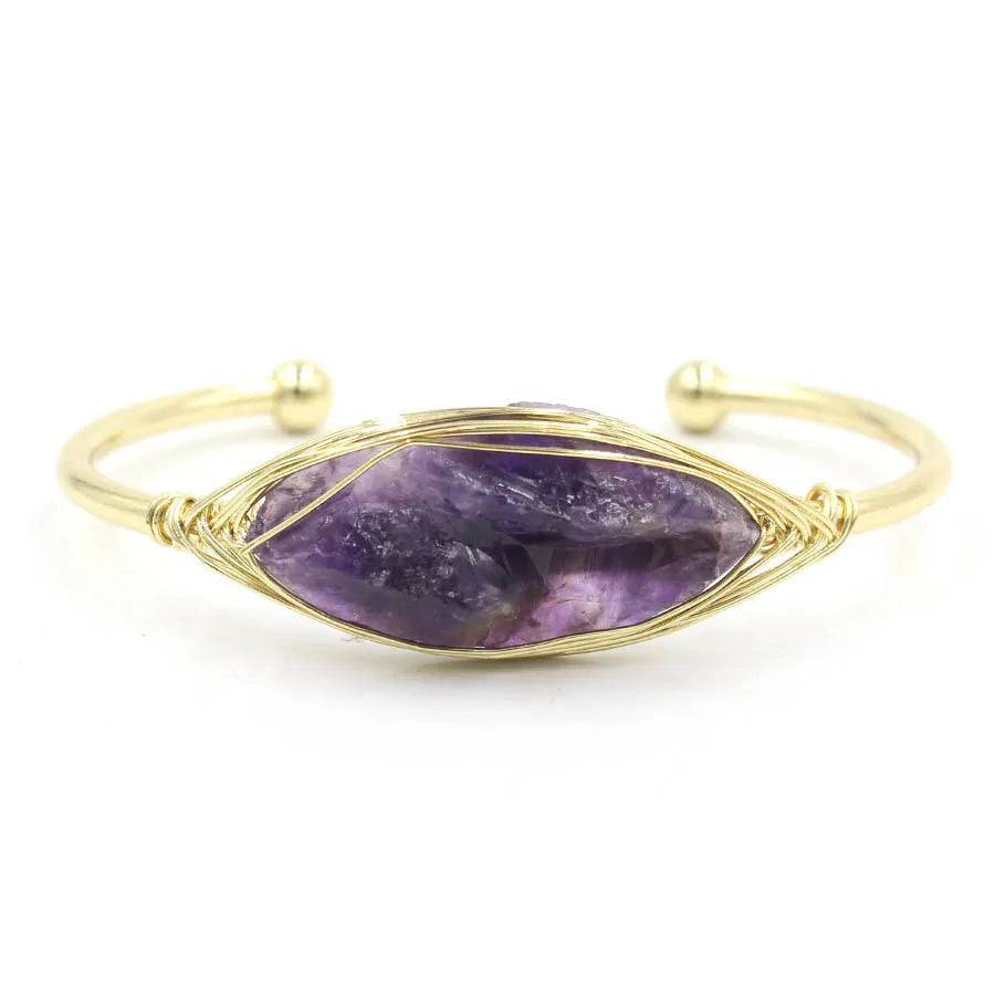 Natural raw gemstone winding crystal bracelet showing simple opening design and amorphous 8mm shape