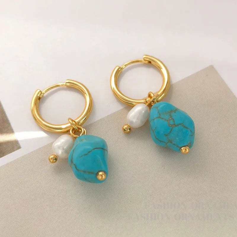 Geometric turquoise and cultured pearl ear clip set with irregular design in short and dangle styles