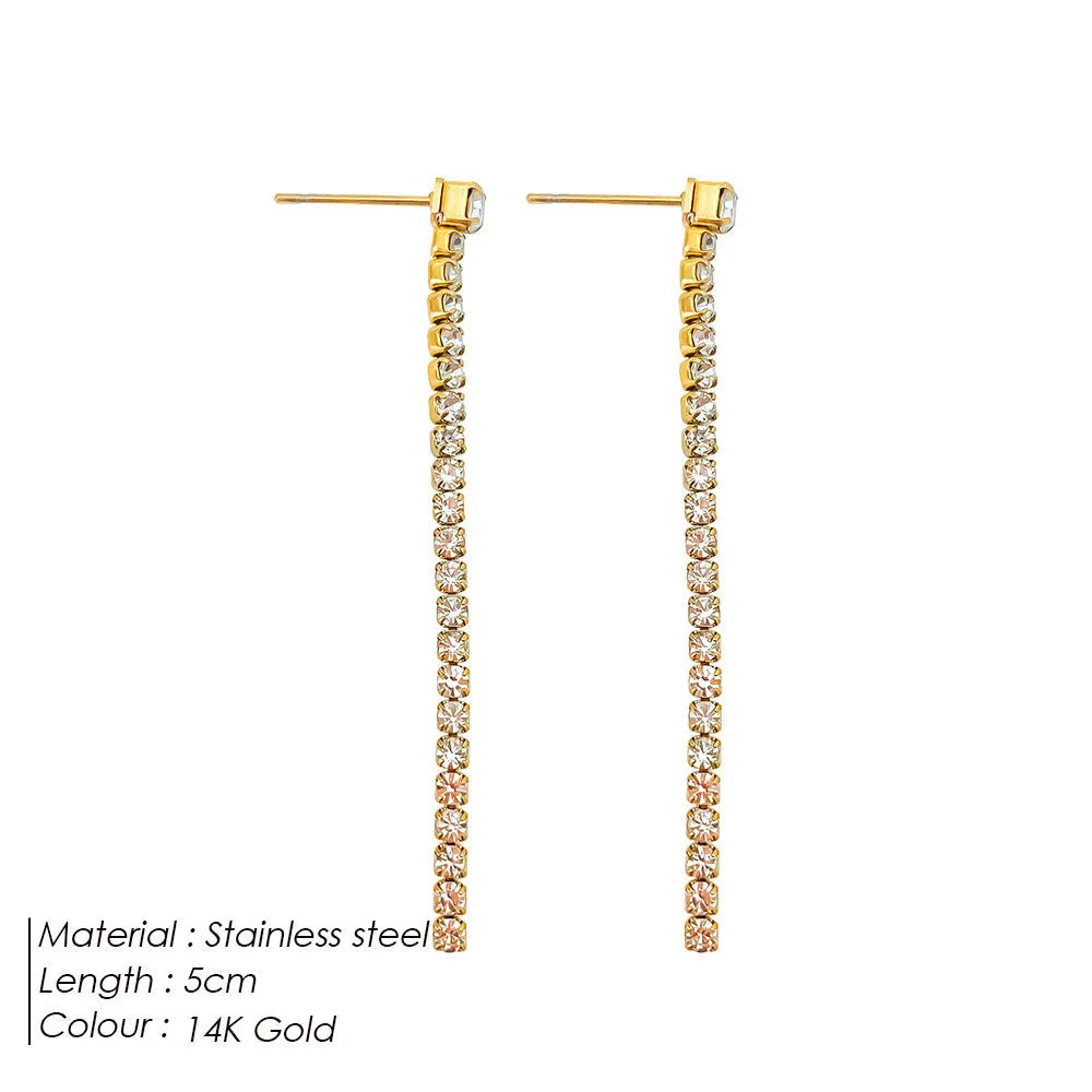 A pair of women's geometric stainless steel earrings with zircon detail in gold and steel colour options.