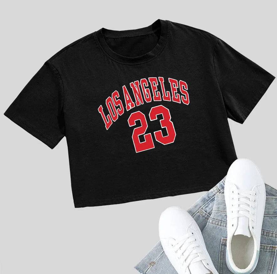Cotton short sleeve t-shirt with exposed navel design and printed English letters in loose casual style