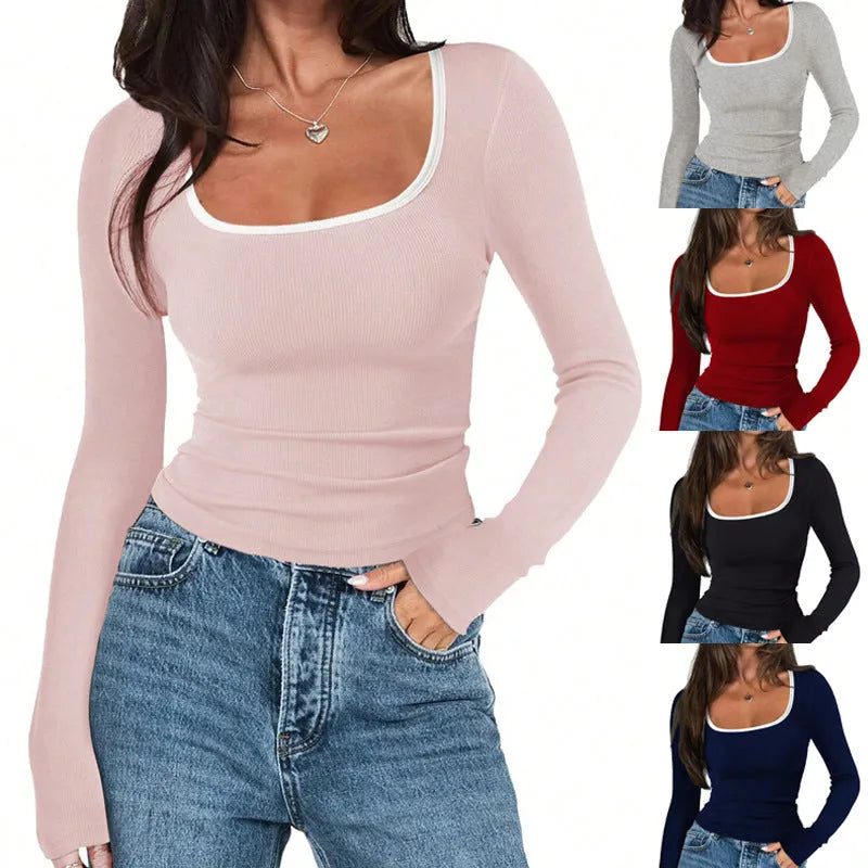 Women's cotton slim fit top with square collar and long sleeves in light grey, wine red, pink, navy blue or black