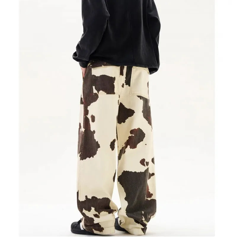 Men's straight-leg trousers with American retro cow pattern showing cardigan button fly opening