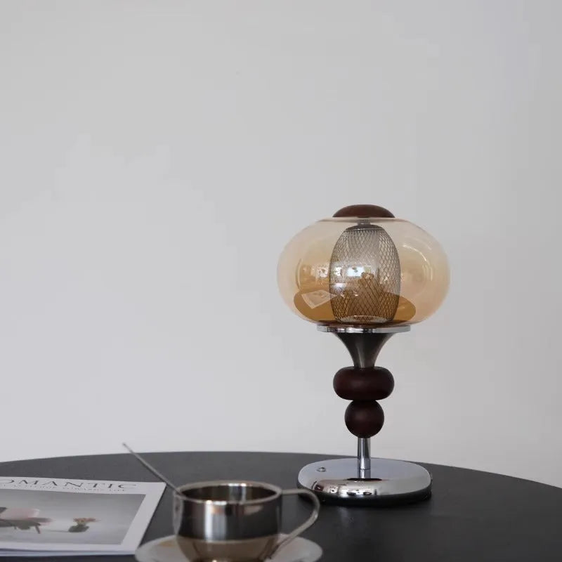 Solid wood retro palace desk lamp with USB cable and touch control panel showing three light colours