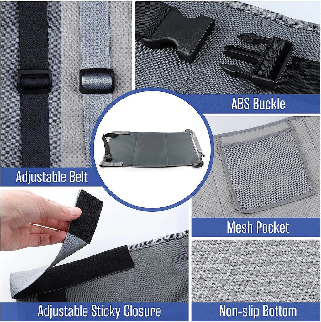 Portable children's aircraft pedal seat extender with drawstring storage pocket in blue