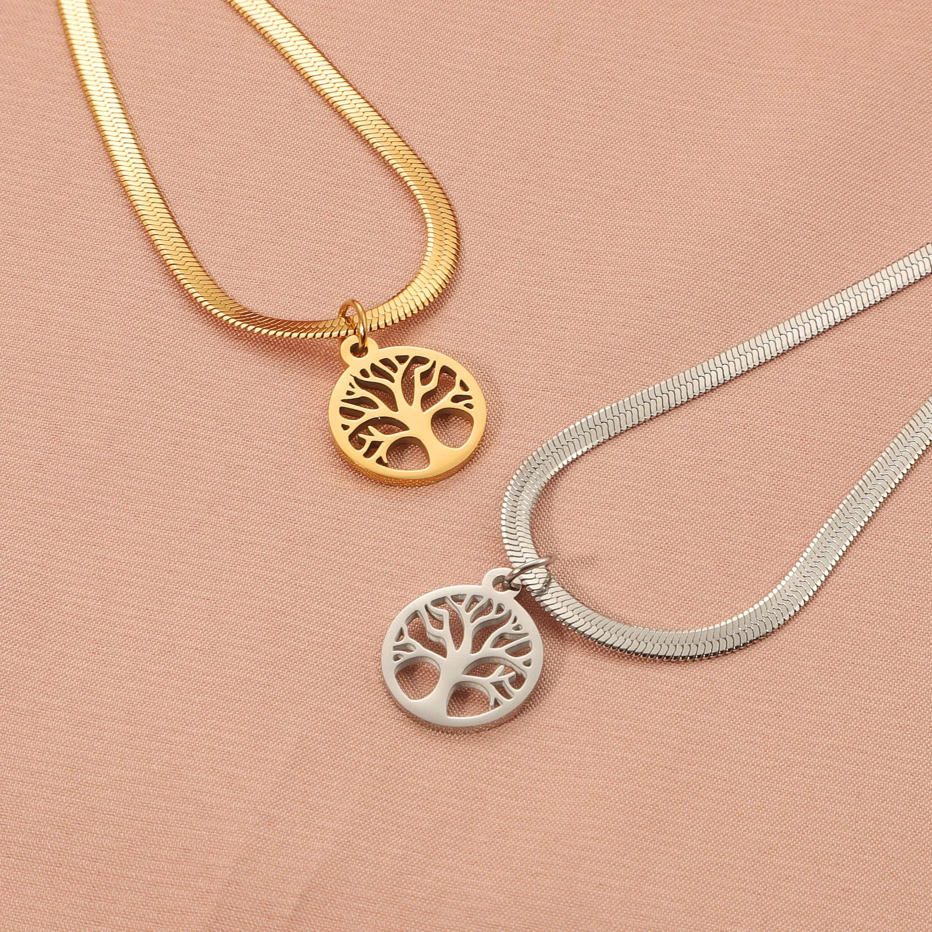 Stainless steel lucky tree pendant necklace with adjustable clasp in gold or steel colour