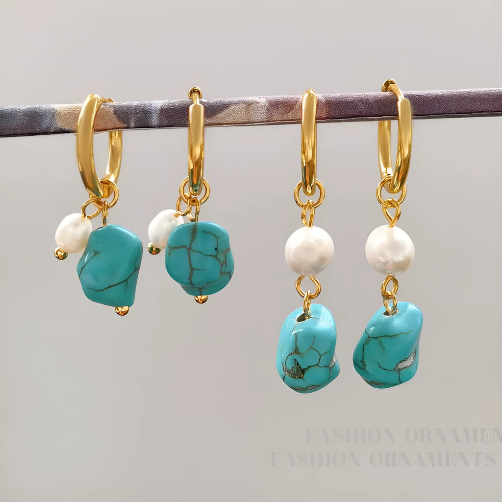 Geometric turquoise and cultured pearl ear clip set with irregular design in short and dangle styles
