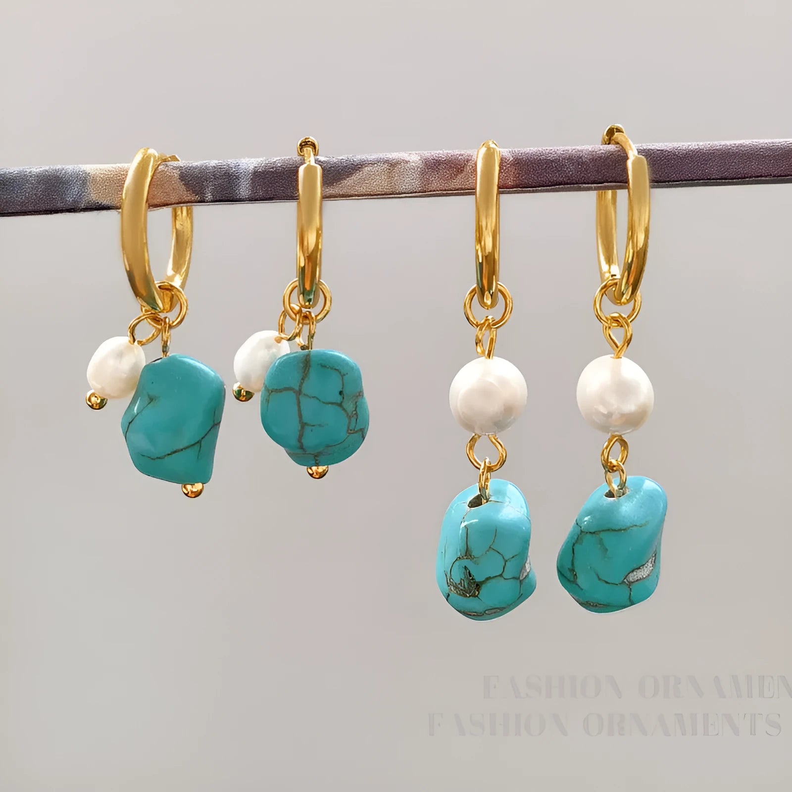 Geometric turquoise and cultured pearl ear clip set with irregular design in short and dangle styles