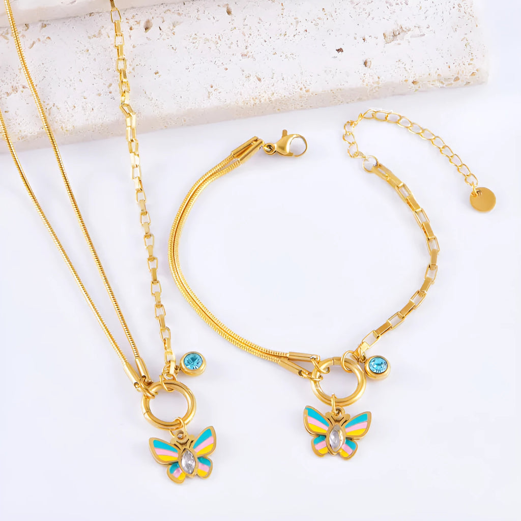 Gold epoxy butterfly jewellery set with necklace and bracelet on titanium steel snake bone chain