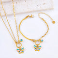 Gold epoxy butterfly jewellery set with necklace and bracelet on titanium steel snake bone chain