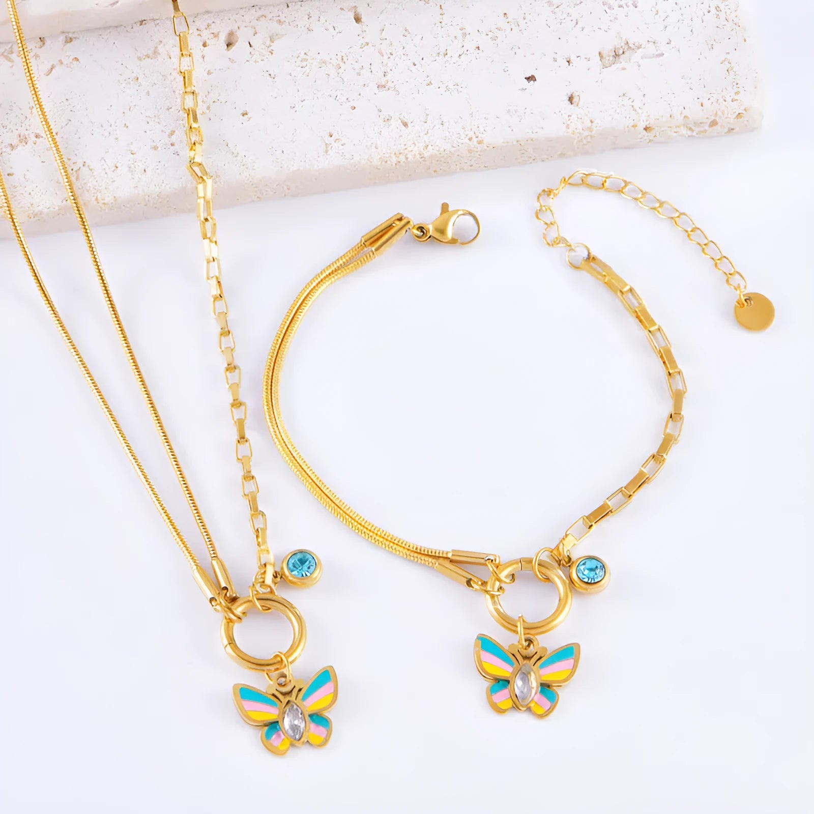 Gold epoxy butterfly jewellery set with necklace and bracelet on titanium steel snake bone chain