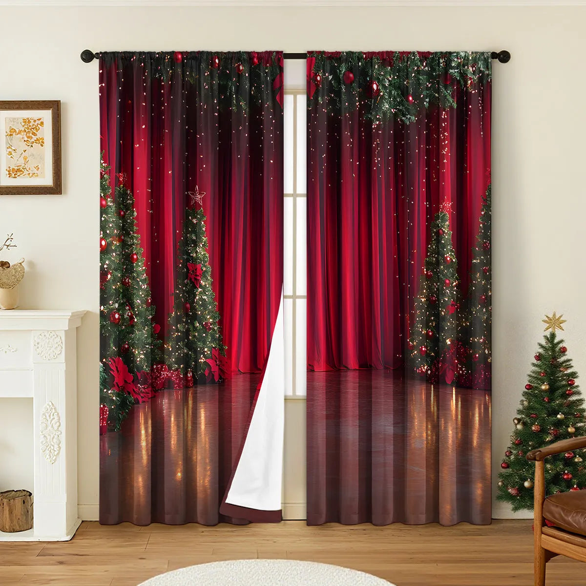 Pair of red and green Christmas themed curtains with 3D digital printed pattern hanging in a window.