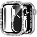Double diamond glass peep-proof case for Apple Watch in rose pink, shown alongside gold and silver colour options.