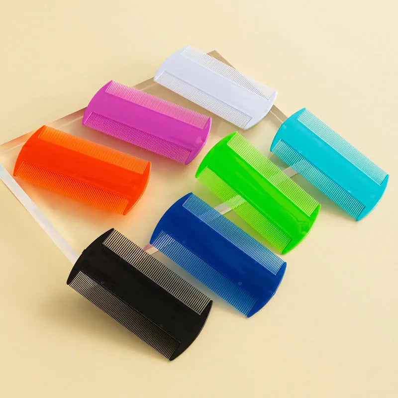 Double-edged fine-toothed plastic lice and flea comb showing front and back, with colour options displayed.