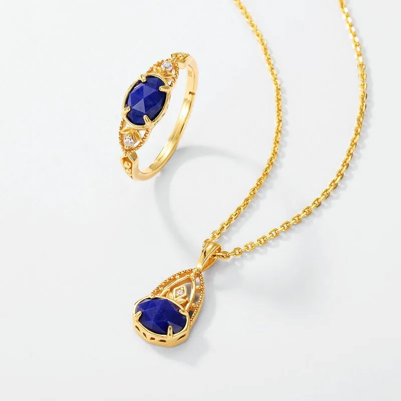 Geometric elliptical lapis lazuli ring in silver alloy with Japanese-inspired design