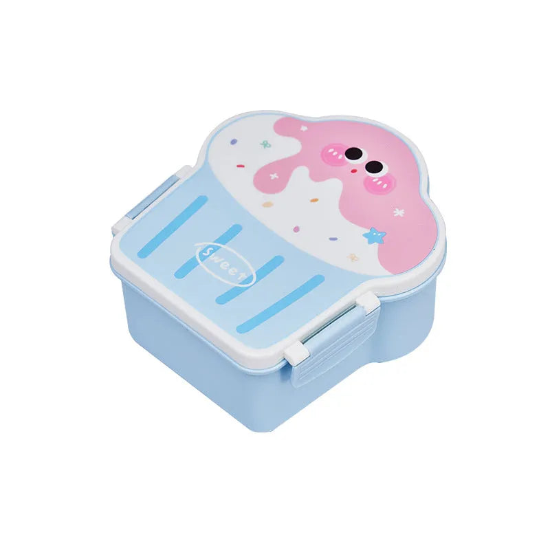 Pink and blue creative ice cream shaped plastic lunch box with spoon and fork on a white background.