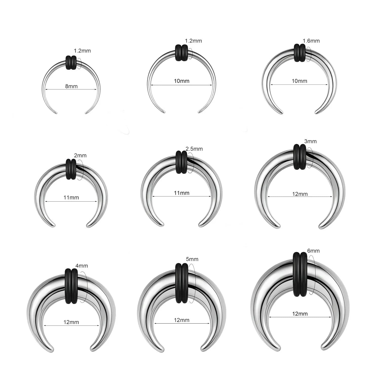 Black and steel coloured C-shaped nose ring with a buffalo horn centre on a grey background