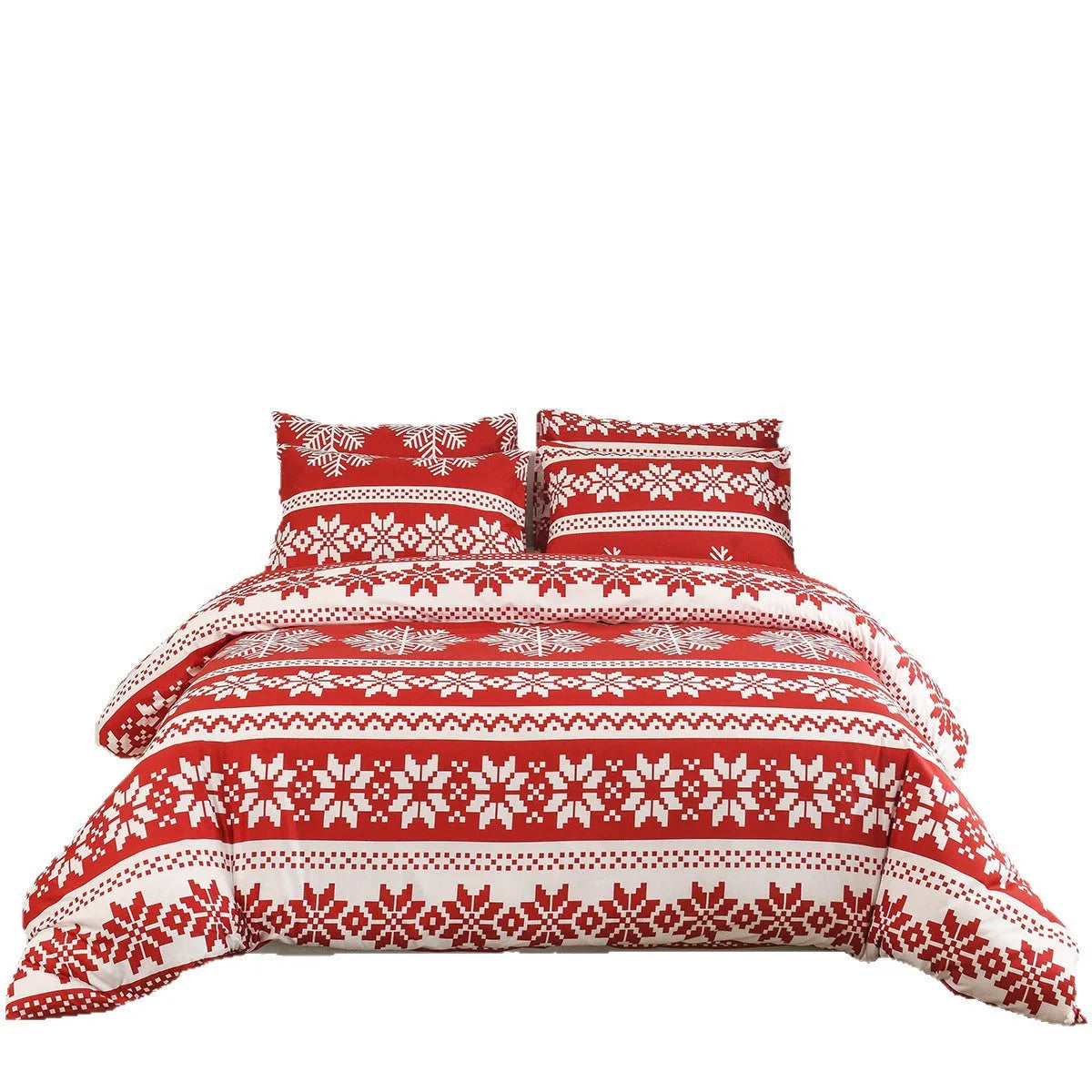 Red Christmas pattern three-piece bedding set with quilt cover and pillowcases on bed