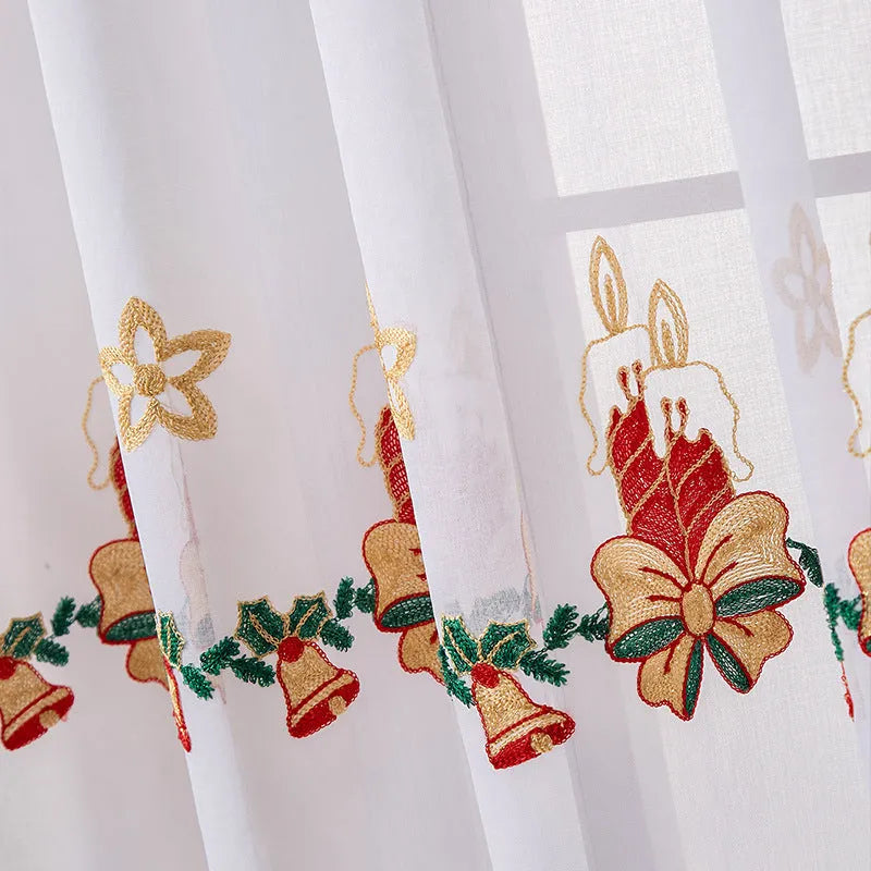 Pair of red and white Christmas curtains with embroidered snowflake pattern on polyester fabric