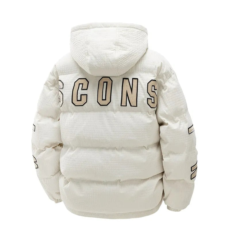 Men's black cotton-padded hooded winter coat with Korean style letter print and side seam pockets