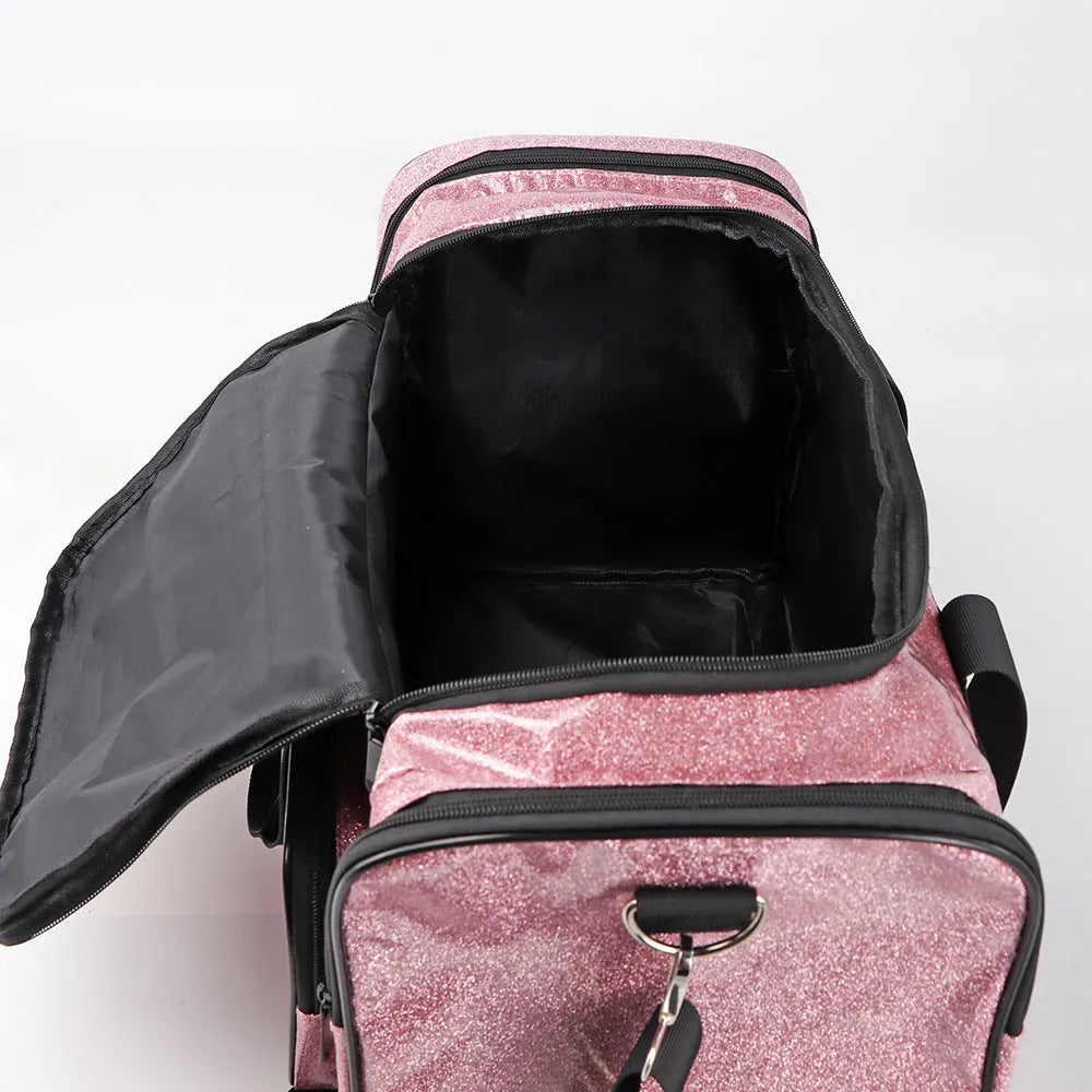 PU leather sports handbag in blue colour showing large capacity and letter pattern design
