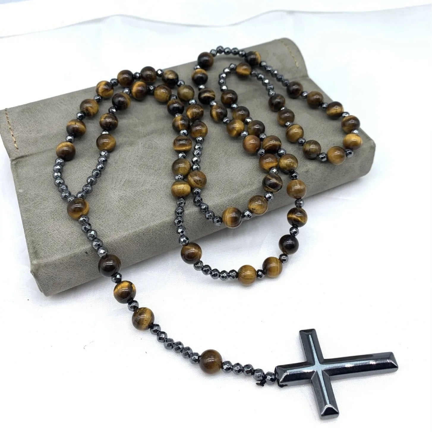 Men's stone cross pendant necklace on an 80cm ball bead chain with safety lock