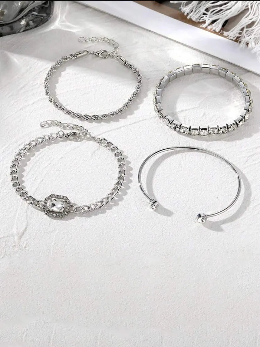 Four-piece geometric retro bracelet set with square diamond design in gold finish
