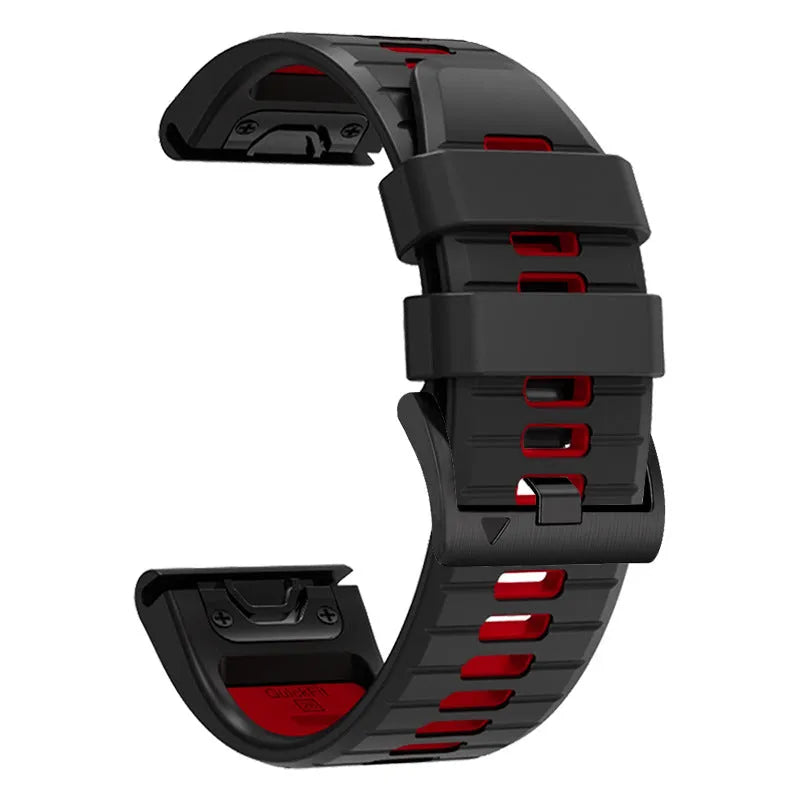 Two-colour quick-release silicone strap for Garmin Fenix watches in 22mm and 26mm widths.