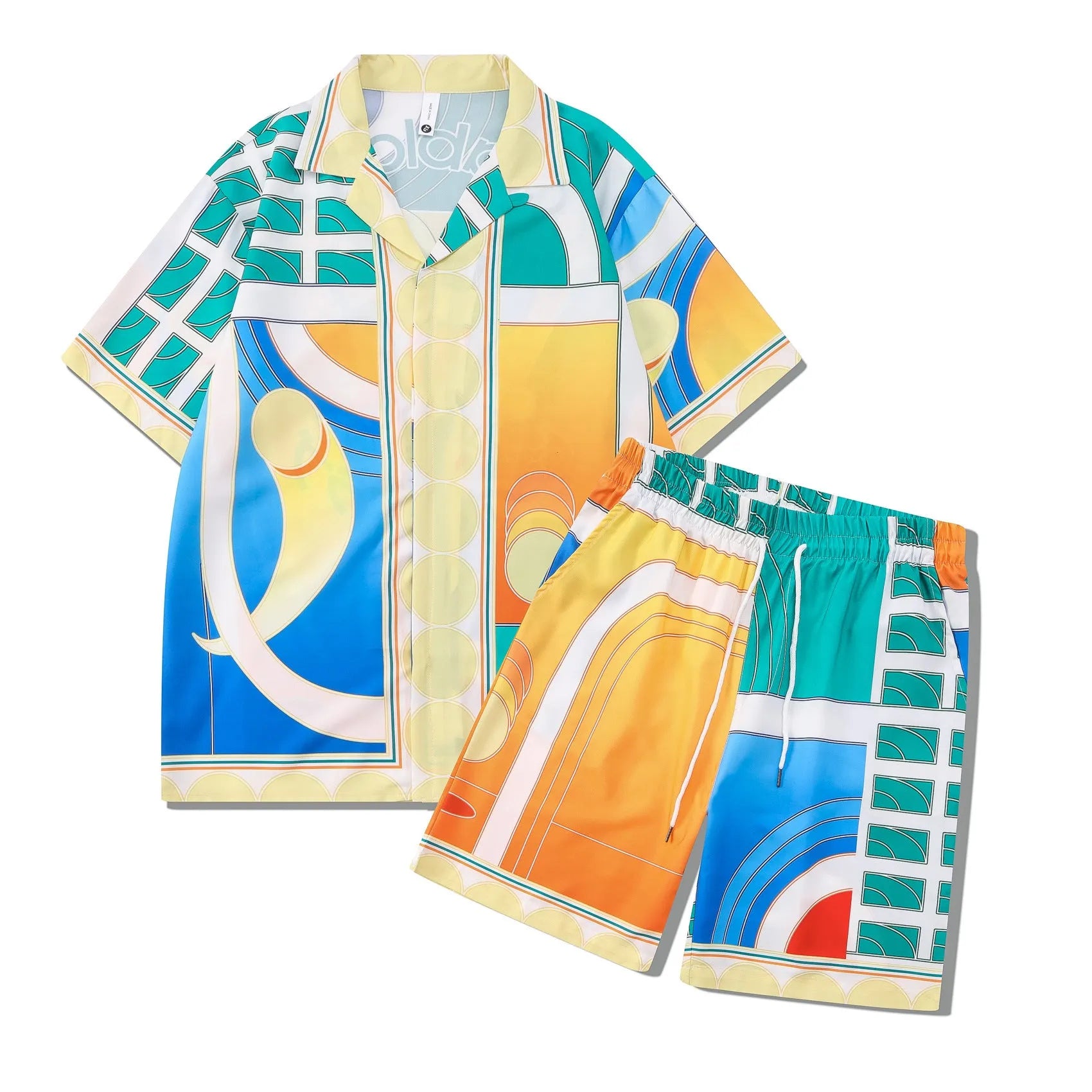 Plaid print beach outfit set for men and women, featuring a short sleeve shirt and matching trousers on a hanger.